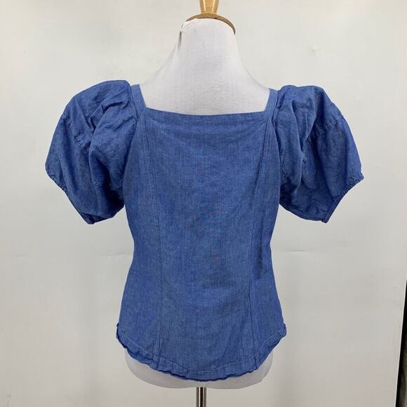 Ann Taylor Top Womens XS Chambray Linen Blend Puff Sleeve Button Front Cropped - Picture 6 of 12
